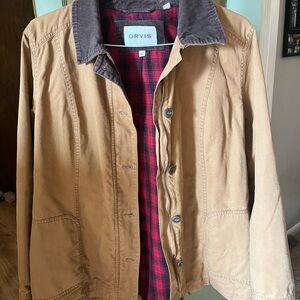 Orvis Tan Utility Jacket with Brown Corduroy Collar and Red Plaid Lining